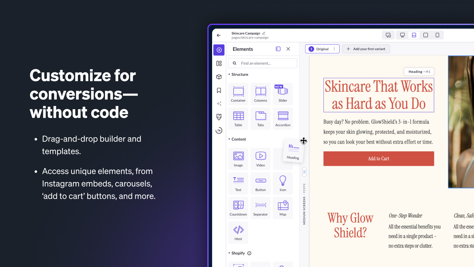 Easy-to-use visual editor with unique page creation elements
