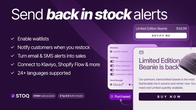Send back in stock alerts when you restock. Supports Klaviyo