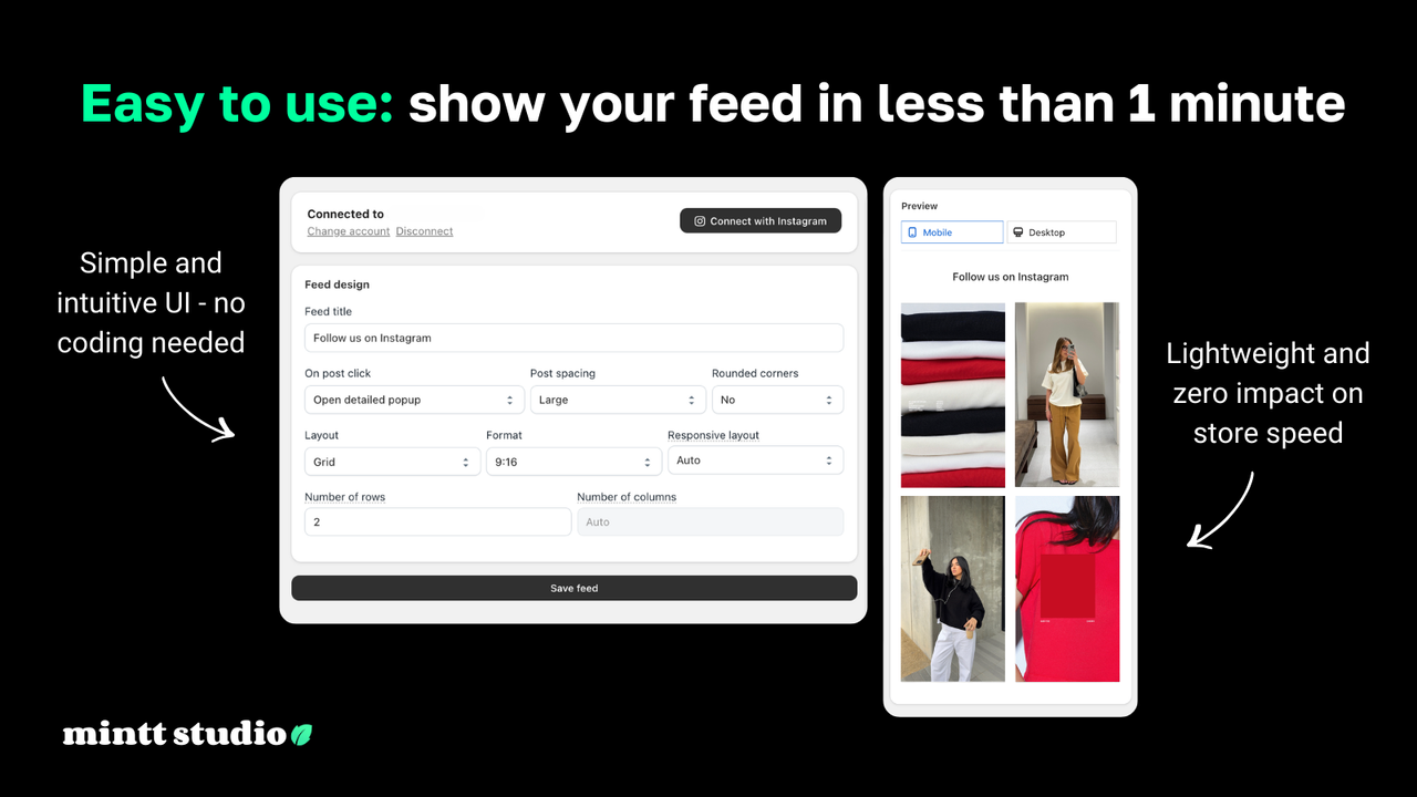 Mintt Instafeed user interface with settings and feed preview