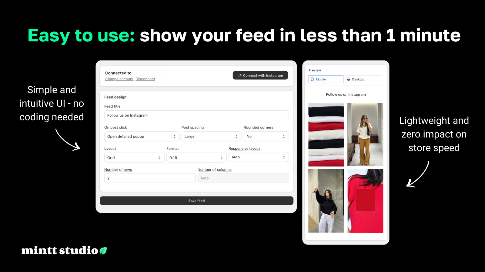 Mintt Instafeed user interface with settings and feed preview