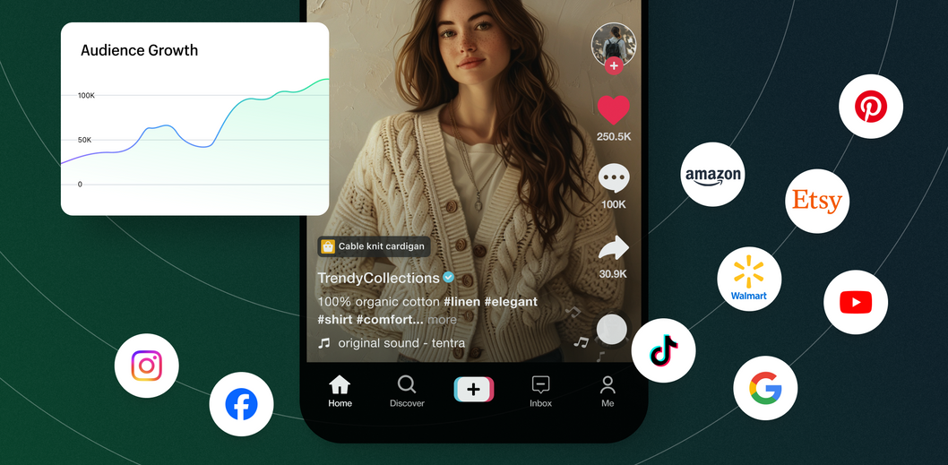 หน้าจอโทรศัพท์แสดงให้เห็นผู้หญิงสวมเสื้อเดรสเชิ้ตใน TikTok พร้อมไอคอนโซเชียลมีเดียลอยอยู่รอบๆ และกราฟเส้นแสดงยอดผู้ชมที่เพิ่มขึ้น
