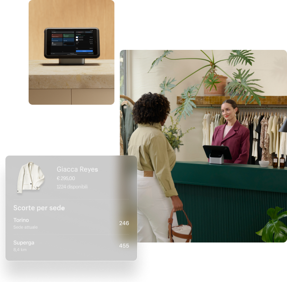 Tre immagini. L'immagine in alto mostra una cassa con un tablet, una tastiera, un supporto e uno Shopify POS Terminal. L'immagine centrale mostra un commesso che aiuta un cliente. I due si trovano all'interno di un grande negozio di abbigliamento e stanno parlando di un maglione. L'ultima immagine mostra una pagina di dettaglio di un prodotto Shopify POS che indica una giacca, il suo costo e le sedi con le scorte disponibili.