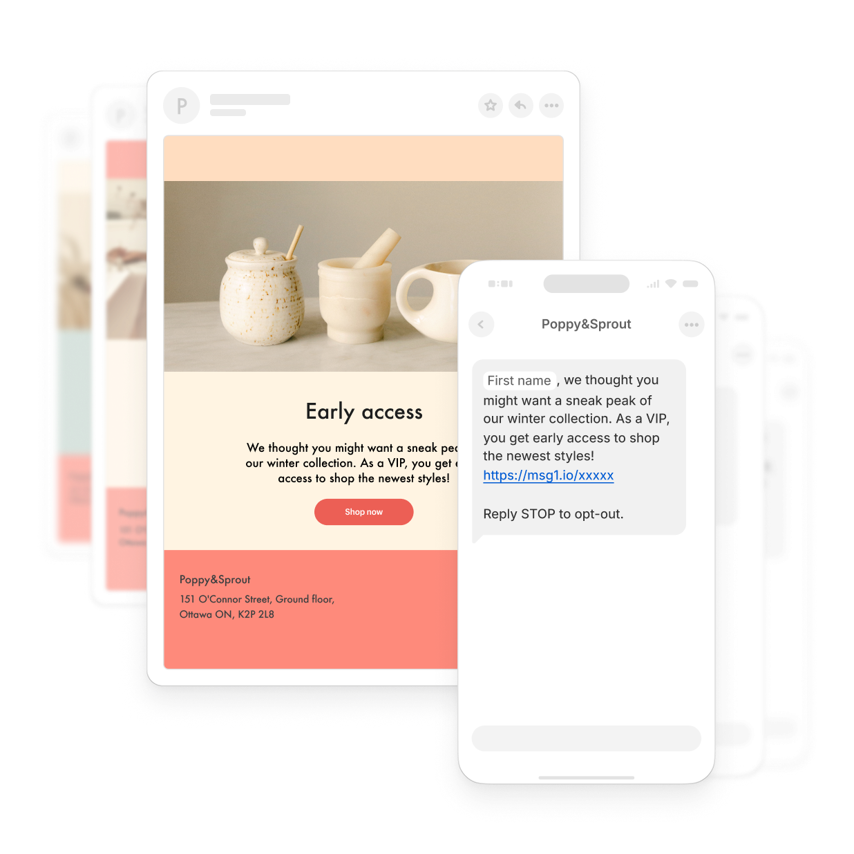 The image displays a stack of promotional cards for discounts, product updates, and early offers that can be sent over email and SMS. The top promotional card features the example brand Poppy&Sprout featuring three pottery kitchen vessels.