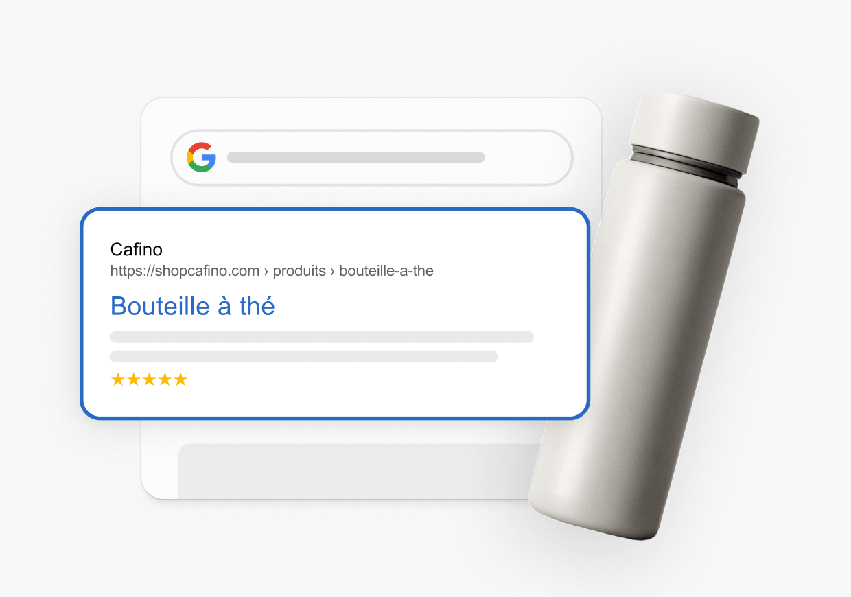 Un résultat de recherche Google met en avant une page consacrée à une bouteille-infuseur de thé notée cinq étoiles, accompagnée d’un gobelet gris au design épuré.