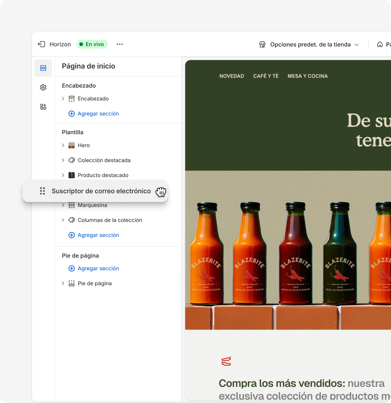 Características de arrastrar y soltar de Shopify para reorganizar el diseño de una tienda