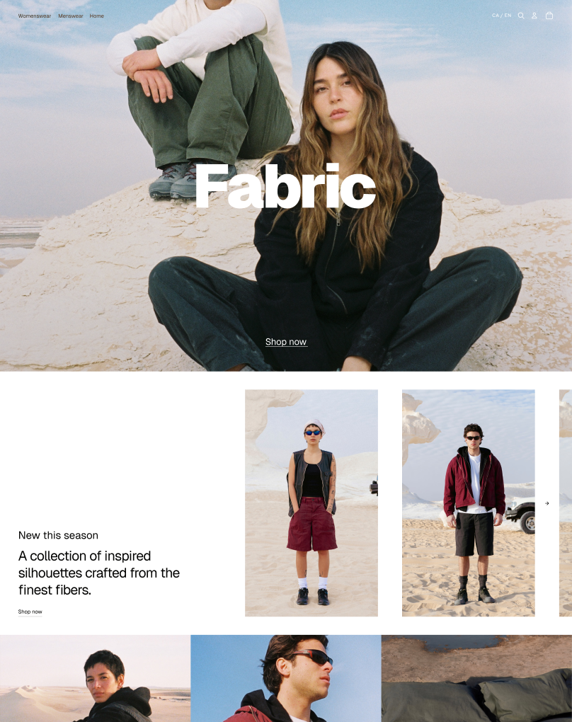 Vista previa de Fabric, un tema de Horizon con un diseño simple y versátil, creado para mostrar imágenes de productos de gran tamaño y contenido multimedia de estilo de vida con una estética minimalista y elegante.