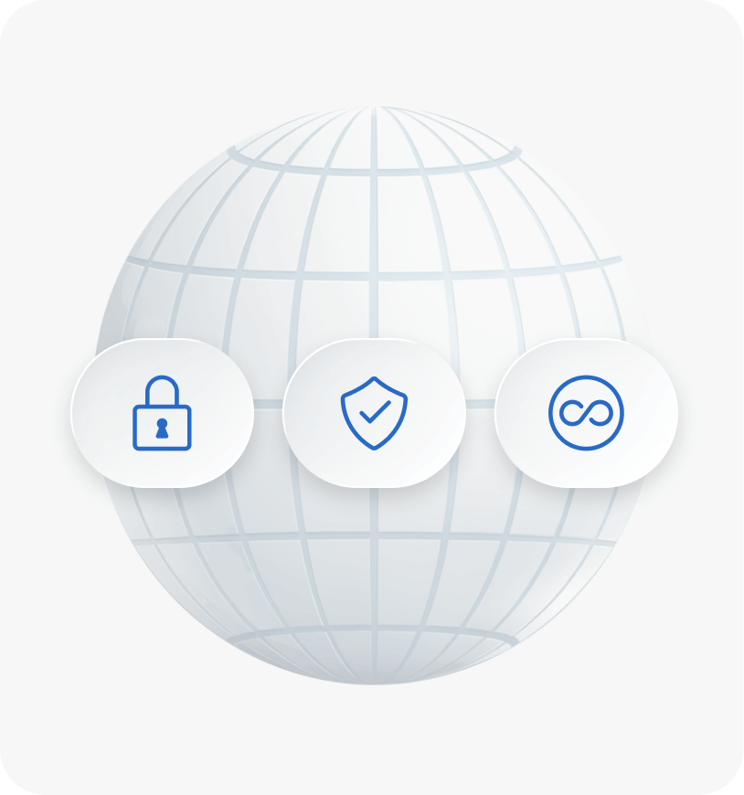 A stylized globe with longitude and latitude grid lines. Shown with three symbols: a lock for security, a shield for privacy, and an infinity symbol for reliability.