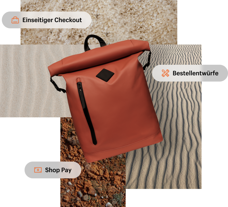 Eine Collage mit verschiedenen Sand- und Bodenstrukturen im Hintergrund und Schaltflächen mit der Aufschrift „einseitiger Checkout“, „Bestellentwurf“ und „Shop Pay". Im Vordergrund befindet sich ein modischer Rolltop-Rucksack in Rostfarbe.