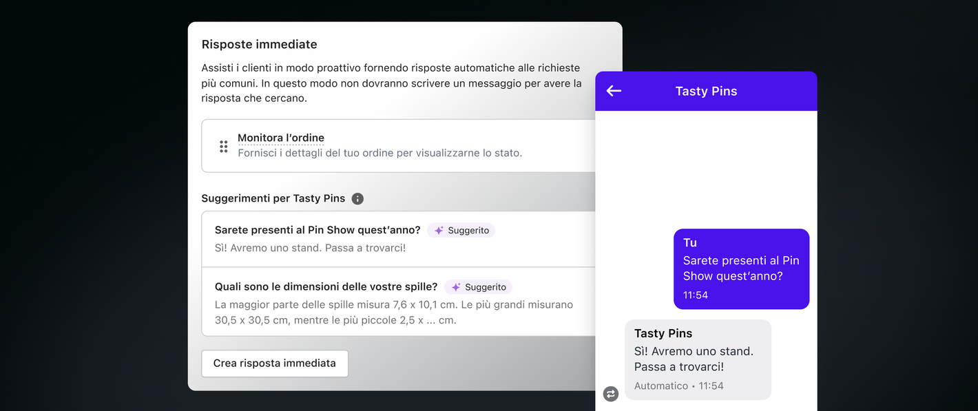 Interfaccia delle risposte immediate che mostra alcuni suggerimenti di risposte a domande comuni. Una finestra di chat sulla destra mostra l’anteprima di uno dei suggerimenti.