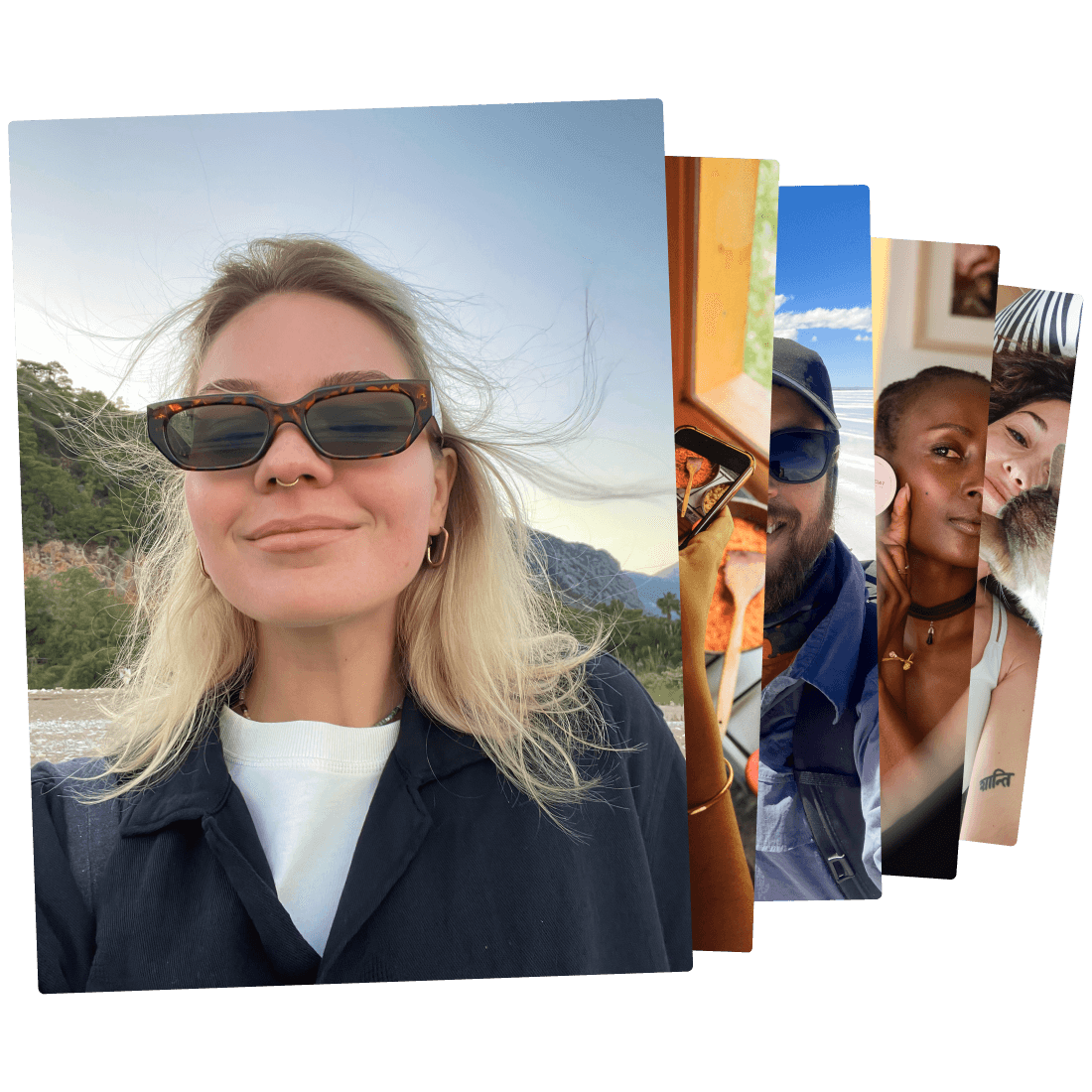 Cards of diverse content creators engaged in different activities: face mask skincare, street fashion, cooking food, dog grooming. Photographs fan out on a vibrant green background.