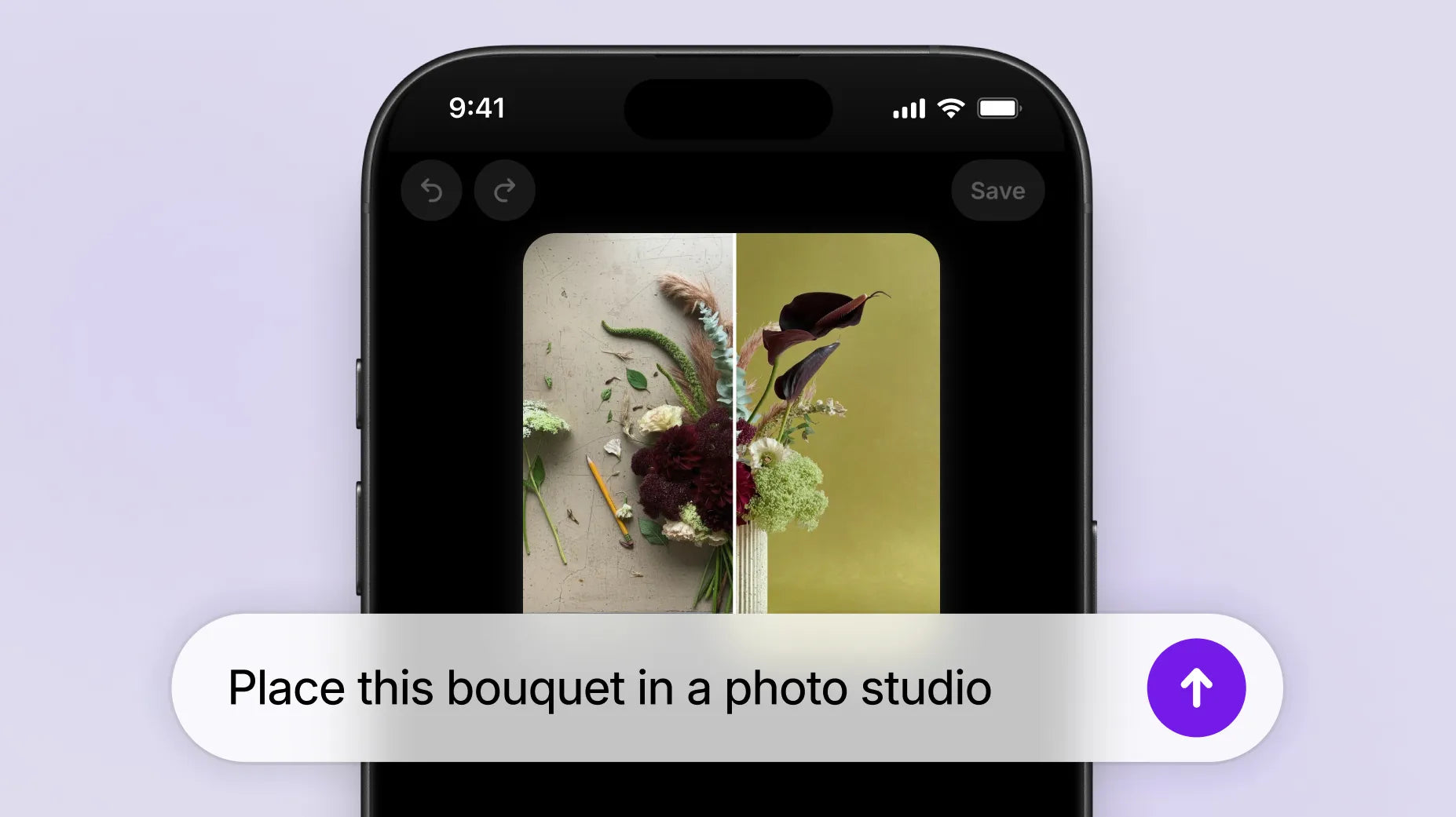 Animation of a phone showing a photo of an unfinished bouquet lying flat on a workbench surrounded by tools and clippings. A user types in a request to Sidekick to “Place this bouquet in a photo studio.” Sidekick generates an image of the cleaned up bouquet in a vase against a sleek olive green background.