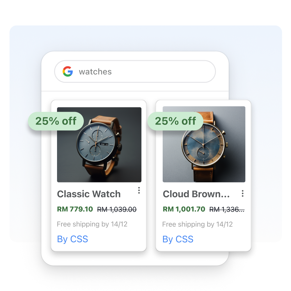 A window of google search results for watches, under the shopping filter. Product tiles that features two watches on sale are overlayed on the search results window.