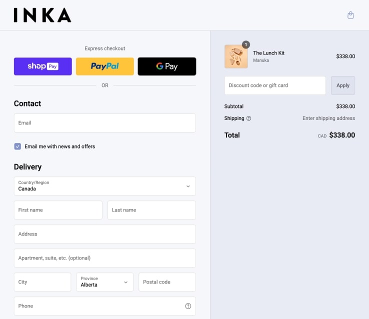 Ekran realizacji zakupu firmy Inka przedstawiający klienta kupującego pojemniki na żywność, oferujący trzy różne opcje ekspresowej realizacji zakupu: Shop Pay, PayPal i GPay.