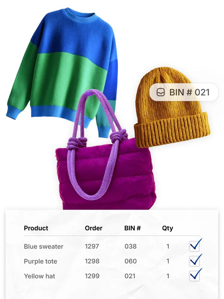 An assortment of colorful clothing: a blue and green sweater, a yellow hat and a magenta tote bag
