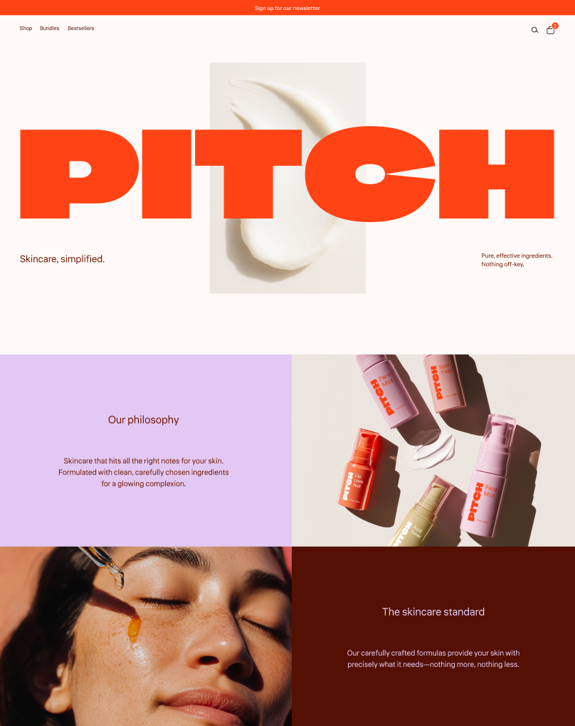 Vista previa de Pitch, un tema de Horizon con diseños audaces e imágenes brillantes, ideal para marcas de belleza, cuidado de la piel, moda o cualquier otra marca única que busque destacarse.