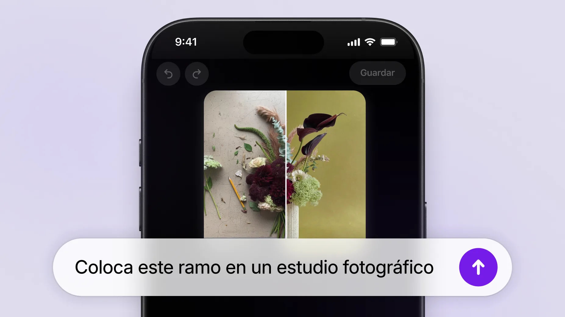 Animación de un teléfono que muestra la foto de un ramo de flores a medio terminar sobre una mesa de trabajo, rodeado de herramientas y recortes. Un usuario le escribe una solicitud a Sidekick: “Coloca este ramo de flores en un estudio fotográfico”. Sidekick genera una imagen del ramo ya arreglado en un florero con un elegante fondo verde oliva.