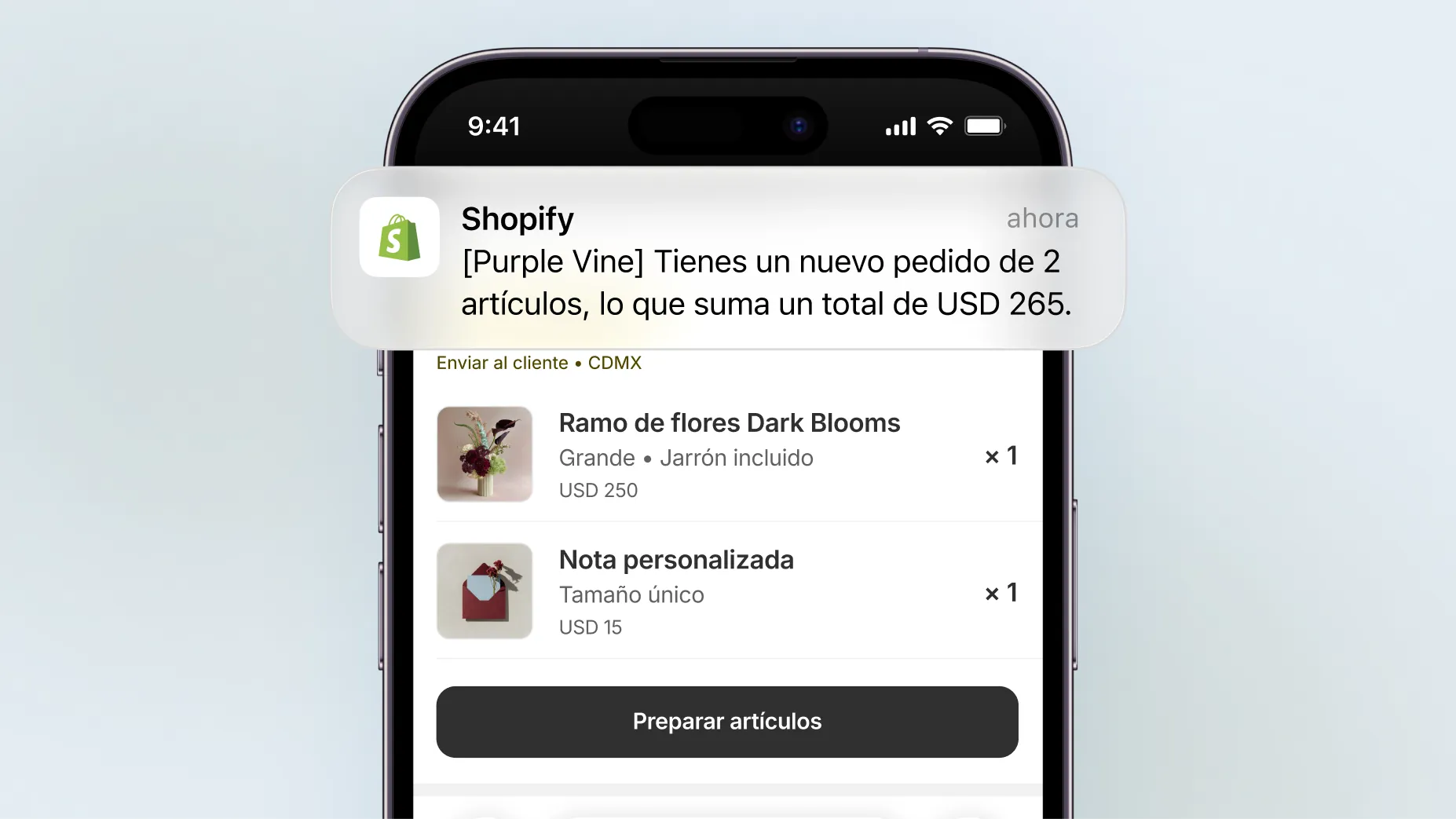 Animación donde aparece en un teléfono una notificación automática de una venta en Shopify de 2 artículos por un total de USD 265. Al hacer clic en la notificación, aparece la página de pedidos de la app móvil de Shopify con los detalles del pedido. Por último, se hace clic en el botón Preparar pedido.