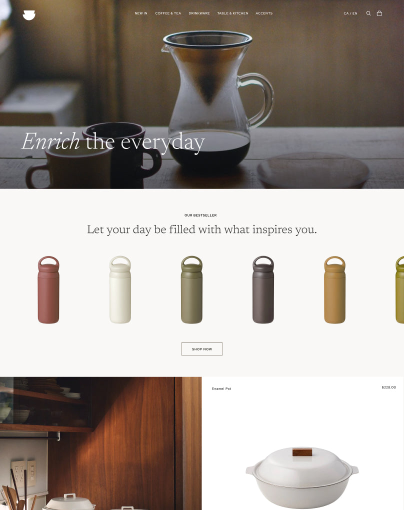 Vista previa de Vessel, un tema de Horizon donde se destaca la belleza natural y discreta, ideal para presentar productos de decoración del hogar y cocina con una estética moderna y tonos neutros.