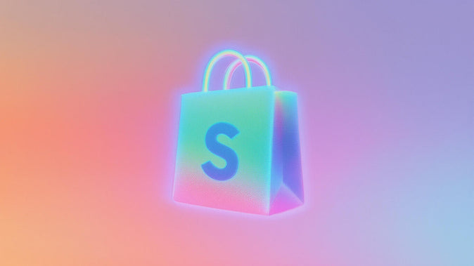 Glowing, holographic 3D Shopify shopping bag logo floating against a gradient background