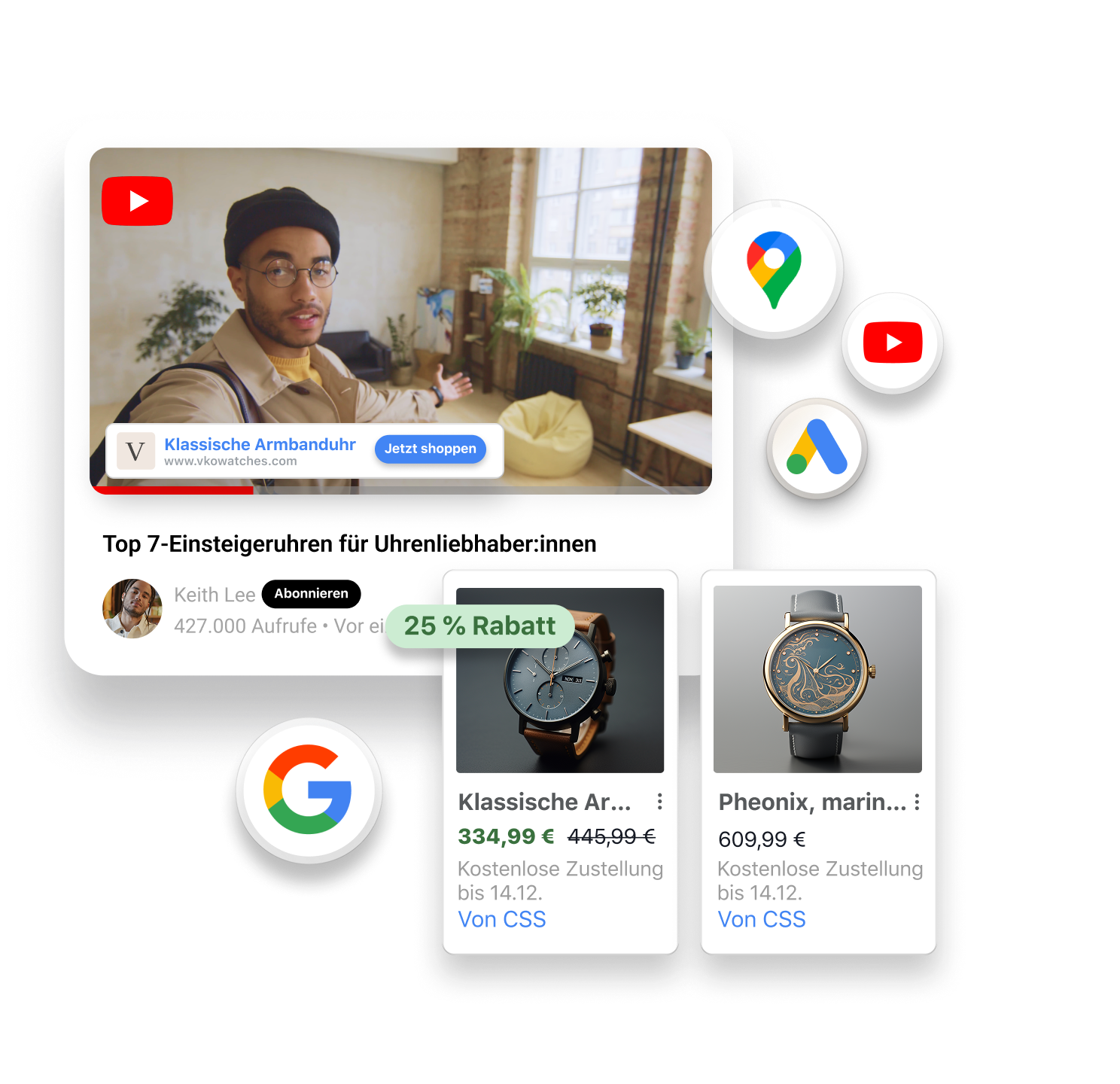 Ein Mann mit einer braunen Armbanduhr spricht in einem YouTube-Video direkt in die Kamera. Produktkacheln mit zwei Armbanduhren zum Verkauf sind als Overlay über dem Videofenster eingeblendet. Kleine Logos um das Fenster herum umfassen Google, Google Maps, Google Shopping und YouTube.