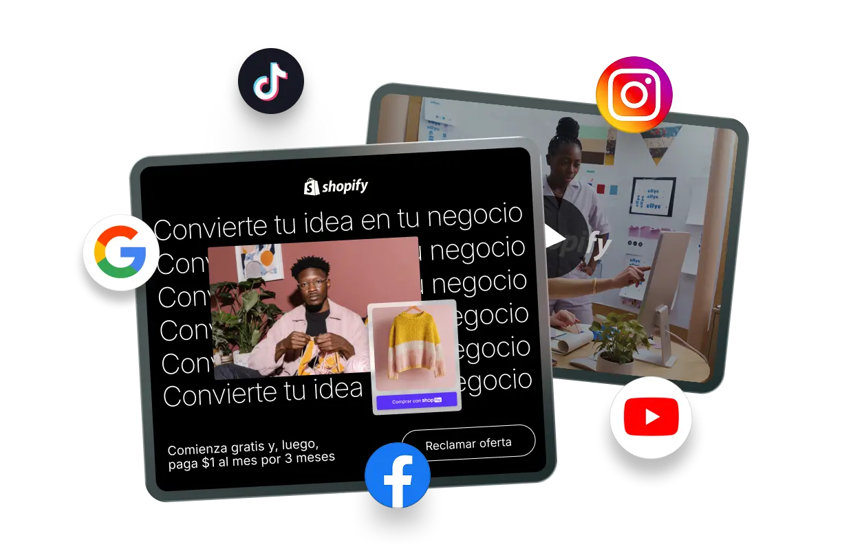 Muestra de banners de marketing y anuncios de video de Shopify. Alrededor de los anuncios hay íconos de TikTok, Instagram, Google, Facebook y YouTube, lo que indica recursos listos para usar en publicidad multiplataforma.