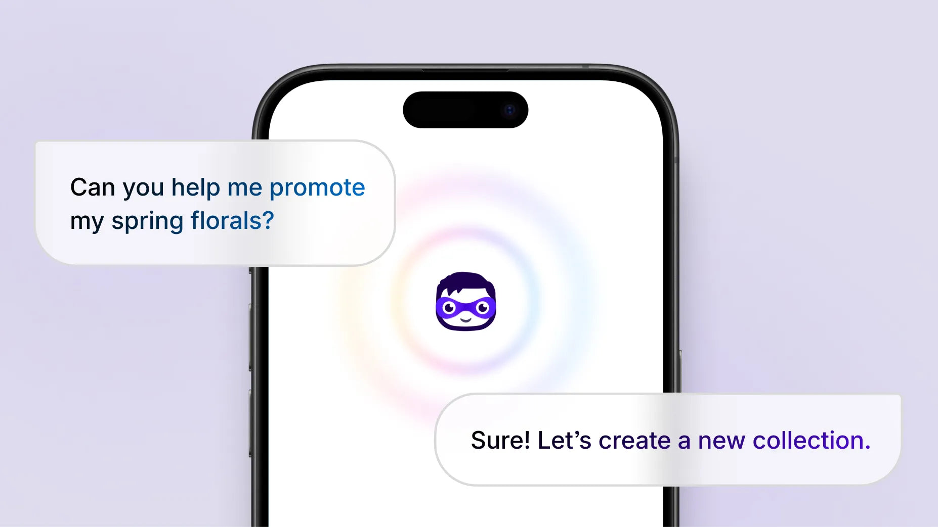 Animation showing the following text in quotation marks: “Can you help me promote my spring florals?” Inside a phone, Shopify's AI assistant, Sidekick, responds by suggesting the creation of a new collection. The response text is surrounded by pulsing audio waves, indicating that Sidekick's response is audible. Sidekick proceeds to create a product collection called Spring Florals with three featured bouquets.