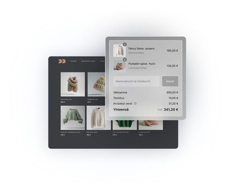 Tuotesivu WordPress-sivustolla. Sivun yläpuolella näkyy Shopify-kassa.