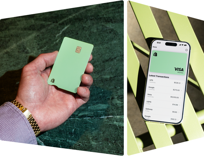 A hand wearing a gold watch holds a green Shopify Credit card against a marble surface. A smartphone displays a virtual Shopify Credit Visa® Business card and recent transactions.