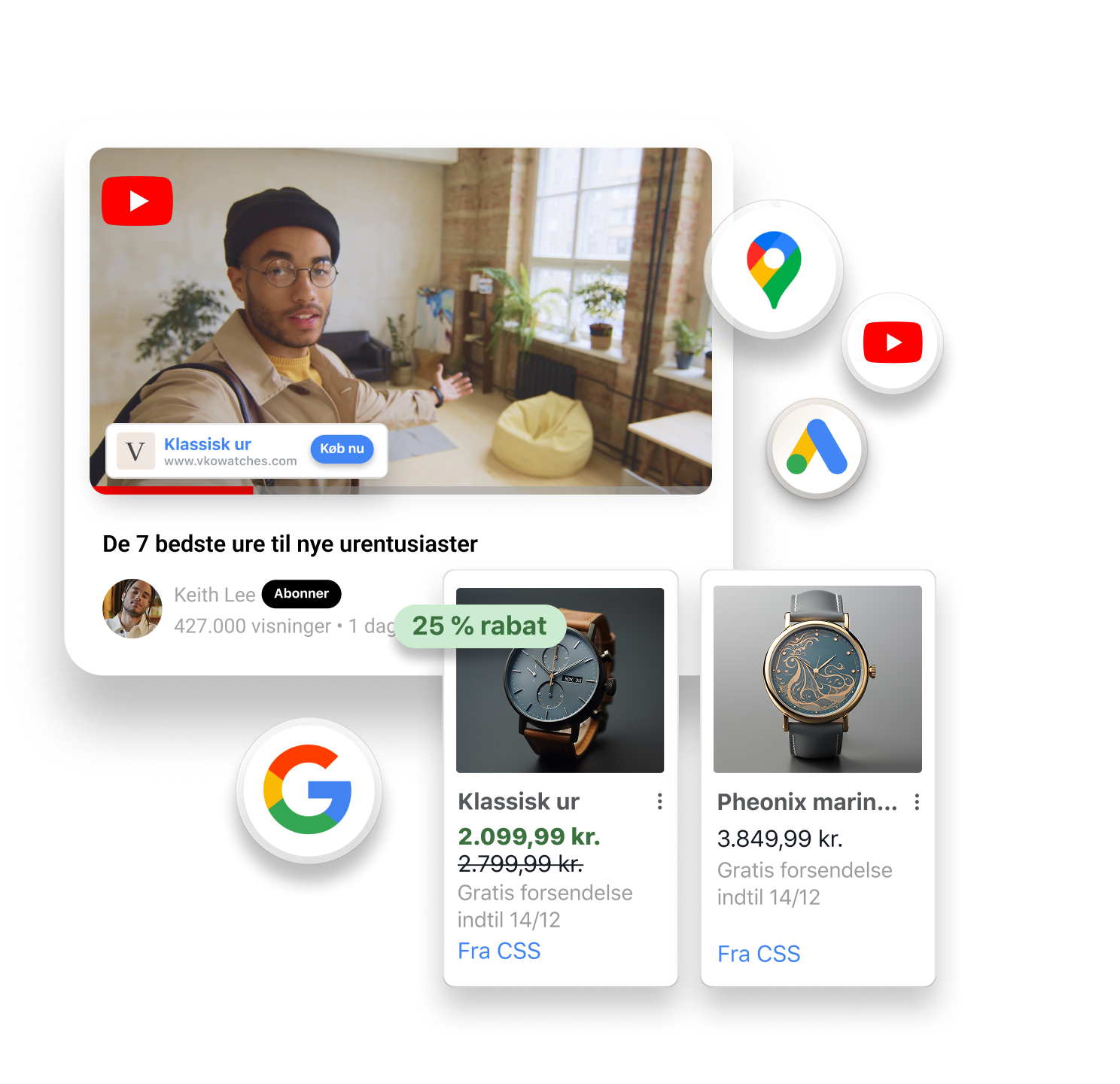 En YouTube-video viser en mand med et brunt ur, som taler til kameraet. Produktfelter for ure til salg er overlejret videovinduet. Små logoer er overlejret rundt om vinduerne for Google, Google Maps, Google Shopping og YouTube.