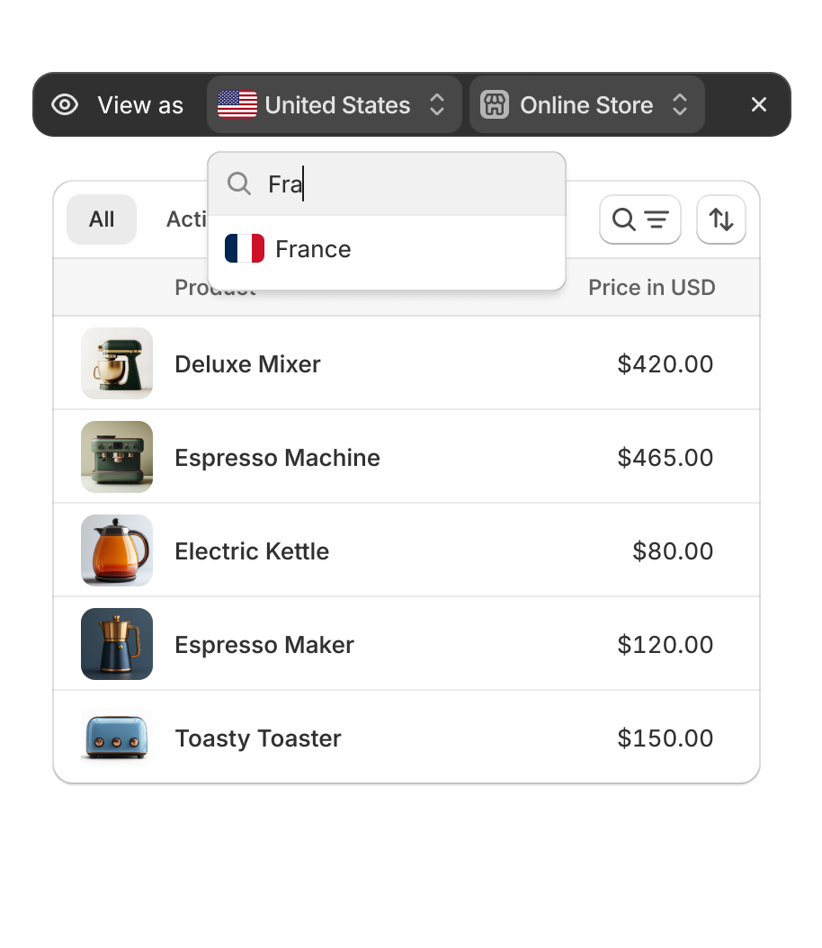 Animation showing the filtering to a specific market to view the detailed customizations