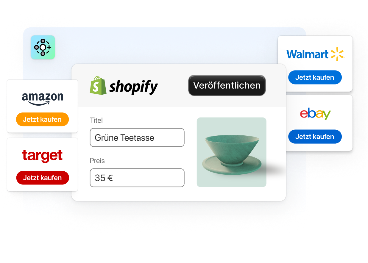 Das Bild zeigt ein Diagramm zur Vernetzung eines Shopify-Shops mit mehreren Online-Marktplätzen wie Amazon, Walmart, eBay und Etsy.