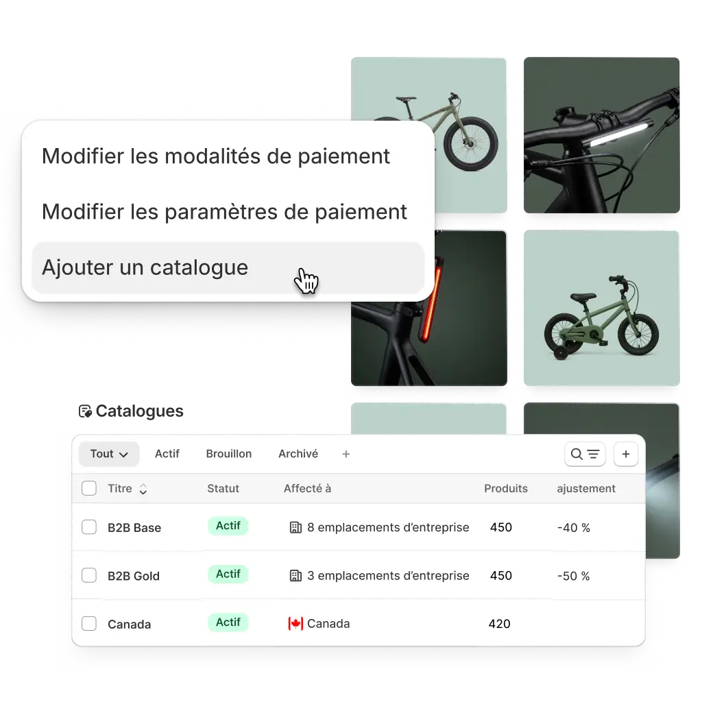 Des options simplifiées de l’interface administrateur pour modifier les éléments de la boutique (modalités de paiement, paramètres de paiement et catalogues) sont superposées à une grille d’images de vélos.