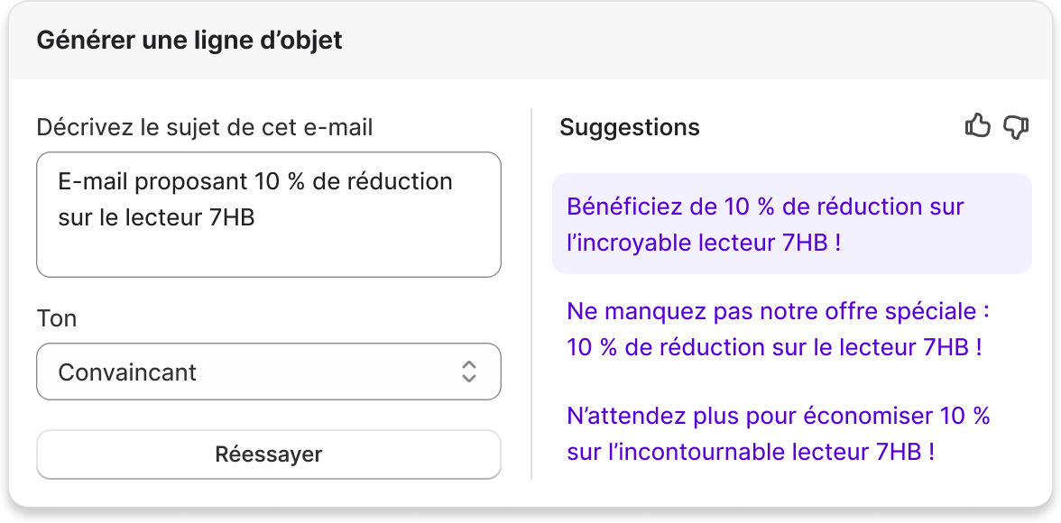 Fenêtre contextuelle Shopify Magic affichant le corps d’un e-mail généré par l’IA, pour un tourne-disque.