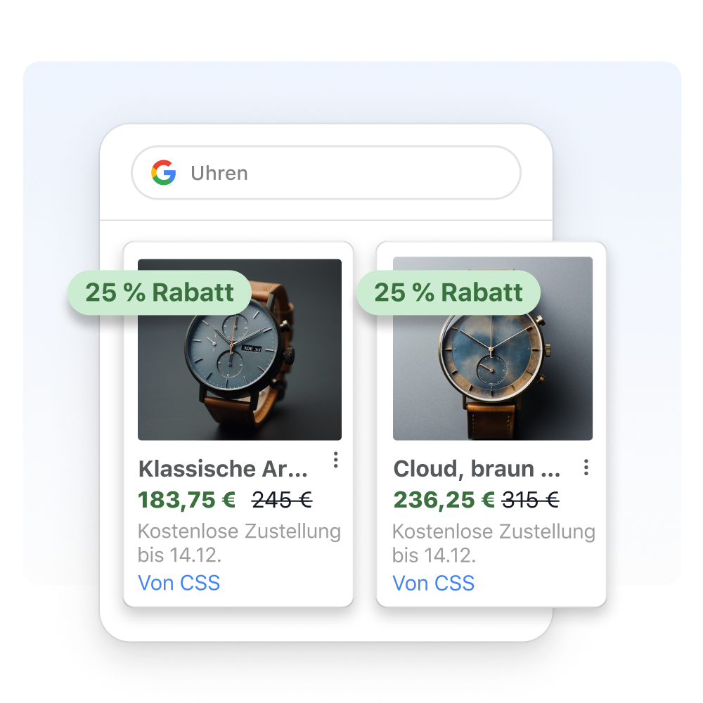 Ein Fenster mit Google-Suchergebnissen für Armbanduhren unter dem Shopping-Filter. Produktkacheln, auf denen zwei Uhren zum Verkauf präsentiert werden, sind als Overlay über dem Fenster mit den Suchergebnissen eingeblendet.