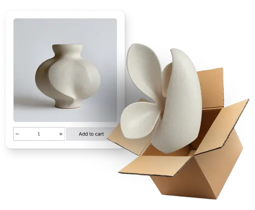 Two products, one for sale online the other coming out of a shipping box, indicating the ability to list products for sale online with Shopify and WordPress.