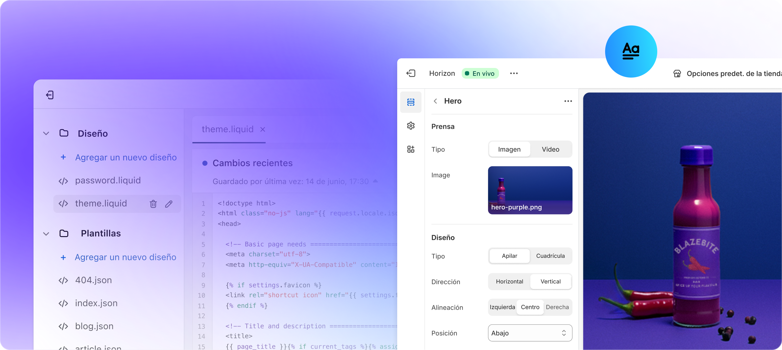 Dos pantallas: una muestra de código de Liquid y el editor de tiendas online de Shopify