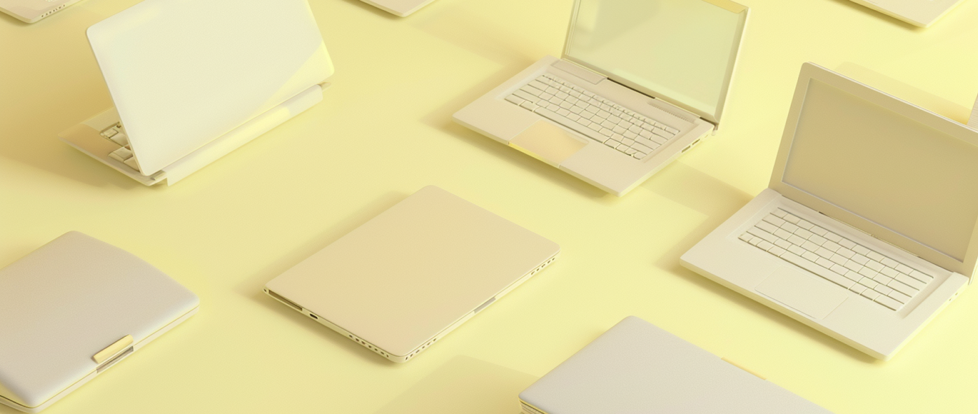 A series of open and closed laptops on a light yellow background: funnel report.