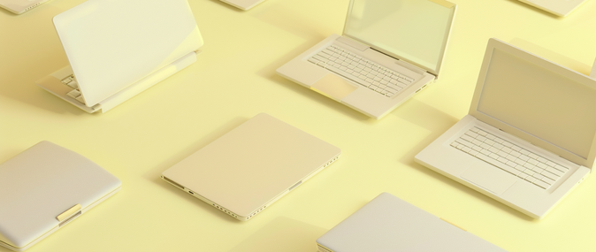 A series of open and closed laptops on a light yellow background: funnel report.