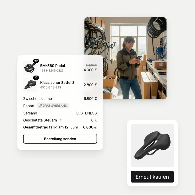 Eine vereinfachte Benutzeroberfläche zeigt den Checkout einer Großhandelsbestellung und eine Produktkarte für einen Fahrradsattel, die ein Bild einer Frau in einem Fahrradladen umgeben von Inventar überlagern.
