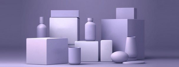 Maquette d’emballages de produits disposés sur des plateformes avec un arrière-plan lavande