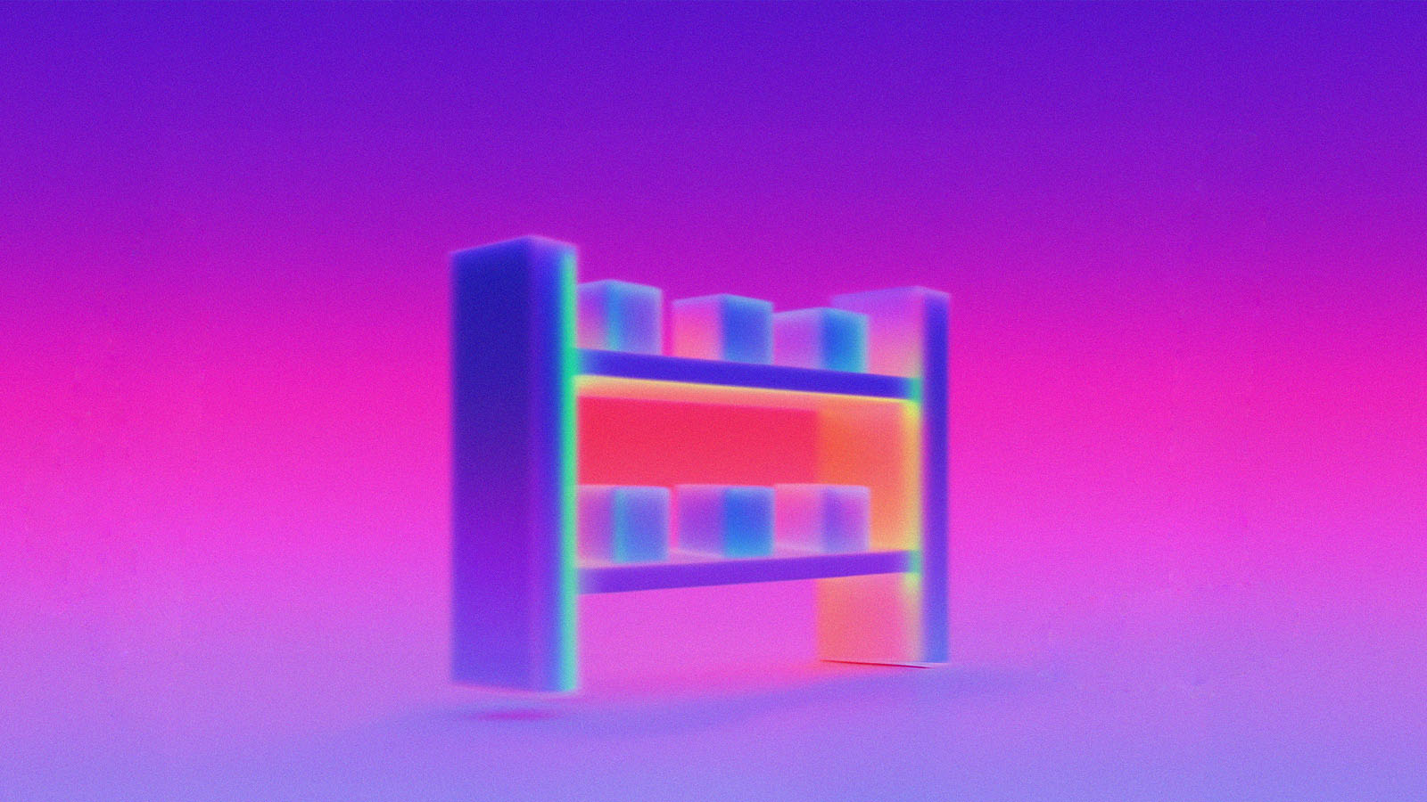 Glowing abstract shelving unit arranged neatly with colorful blocks representing inventory
