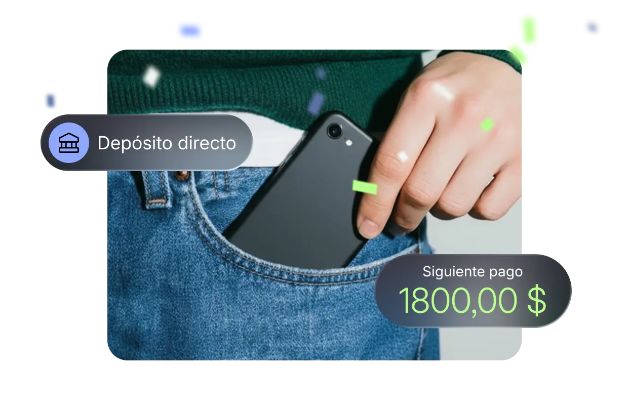 Una mano pone un smartphone en el bolsillo de unos vaqueros. Los emblemas flotantes muestran "Depósito directo" y un pago de 1800 $, para indicar que los pagos son fiables y puntuales.
