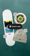 The quick sale button is tapped with three products selected, a checkout screen appears, and once the user confirms, a receipt of the transaction is shown.