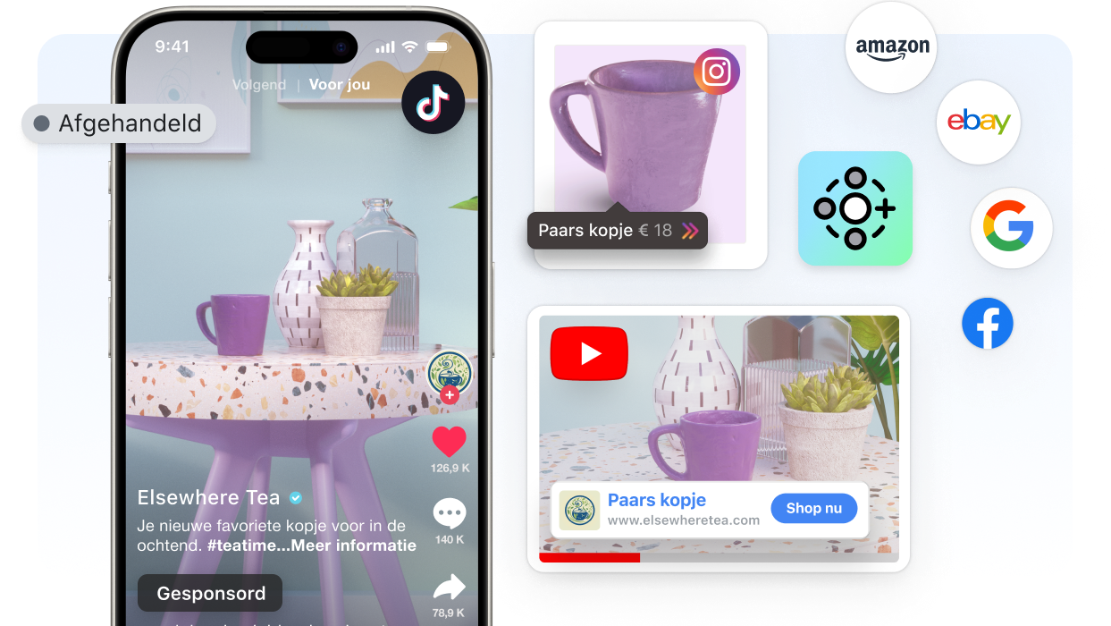 Een abstracte weergave van het venster van het Shopify-beheercentrum. Over de linkerkant van het venster staat een door TikTok gesponsorde video en een Google-advertentie, die beide een paars kopje te koop aanbieden. Er zijn kleine logo's rondom het venster te zien van onder andere: Marketplace Connect, Instagram, YouTube, TikTok, Google Ads, Amazon en eBay.