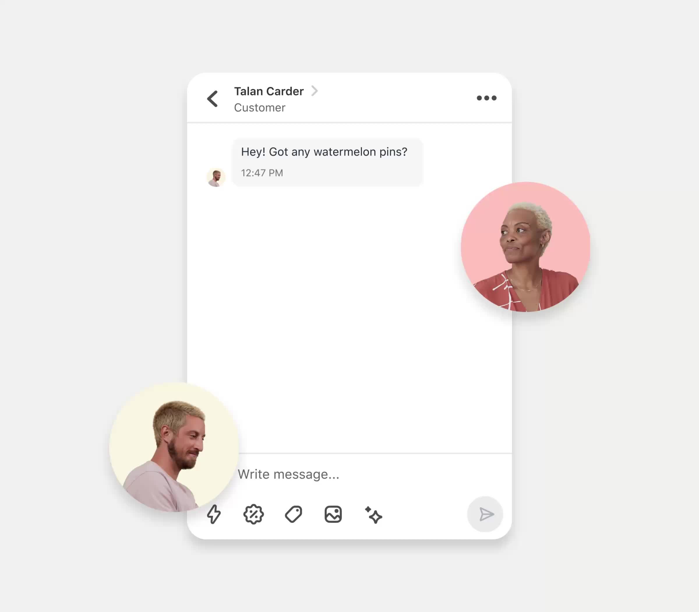 A open chat window displays a conversation about an order between a store staff member and a customer. An image of a woman represents the staff member’s comments and an image of a man represents the customer’s response.