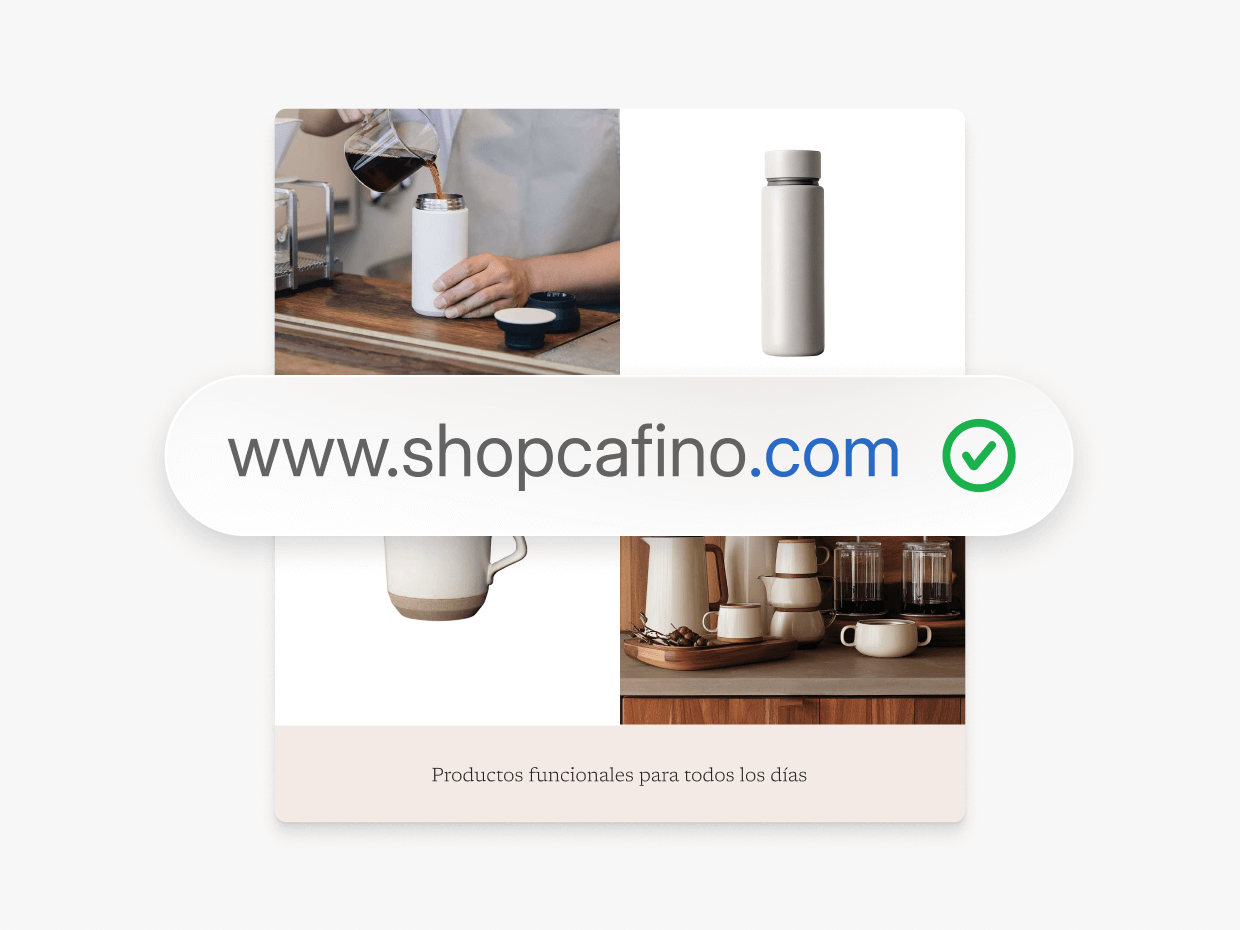 Una URL .com de una marca se superpone a la imagen de su tienda online para representar la conexión instantánea entre el dominio del sitio web con Shopify.