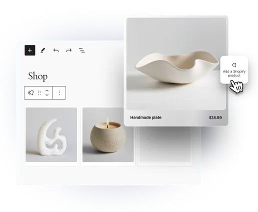 A Shopify product being added to a WordPress site using the WordPress Editor.