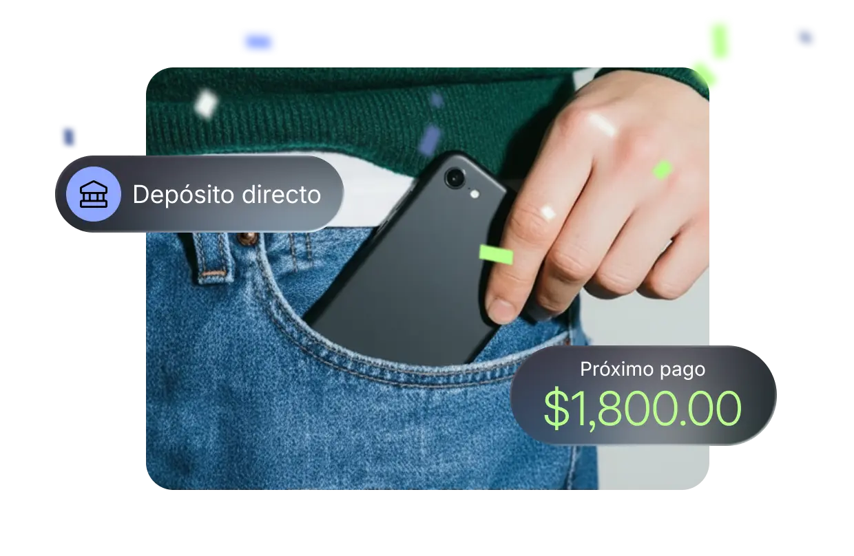 Una mano guarda un teléfono inteligente en el bolsillo de un jean. Los emblemas flotantes muestran "Depósito directo" y un próximo pago de USD 1.800, lo que indica pagos confiables y puntuales.