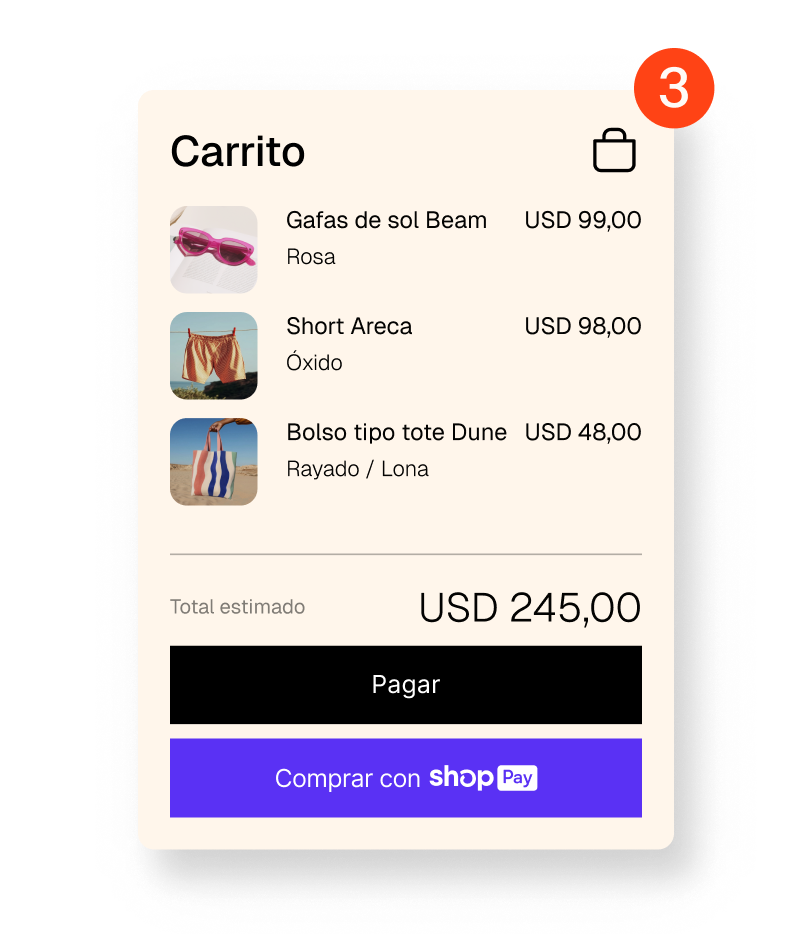 Animación en la que se muestra un carrito online que tiene entre uno y tres artículos con un botón de pago y un botón de Shop Pay.