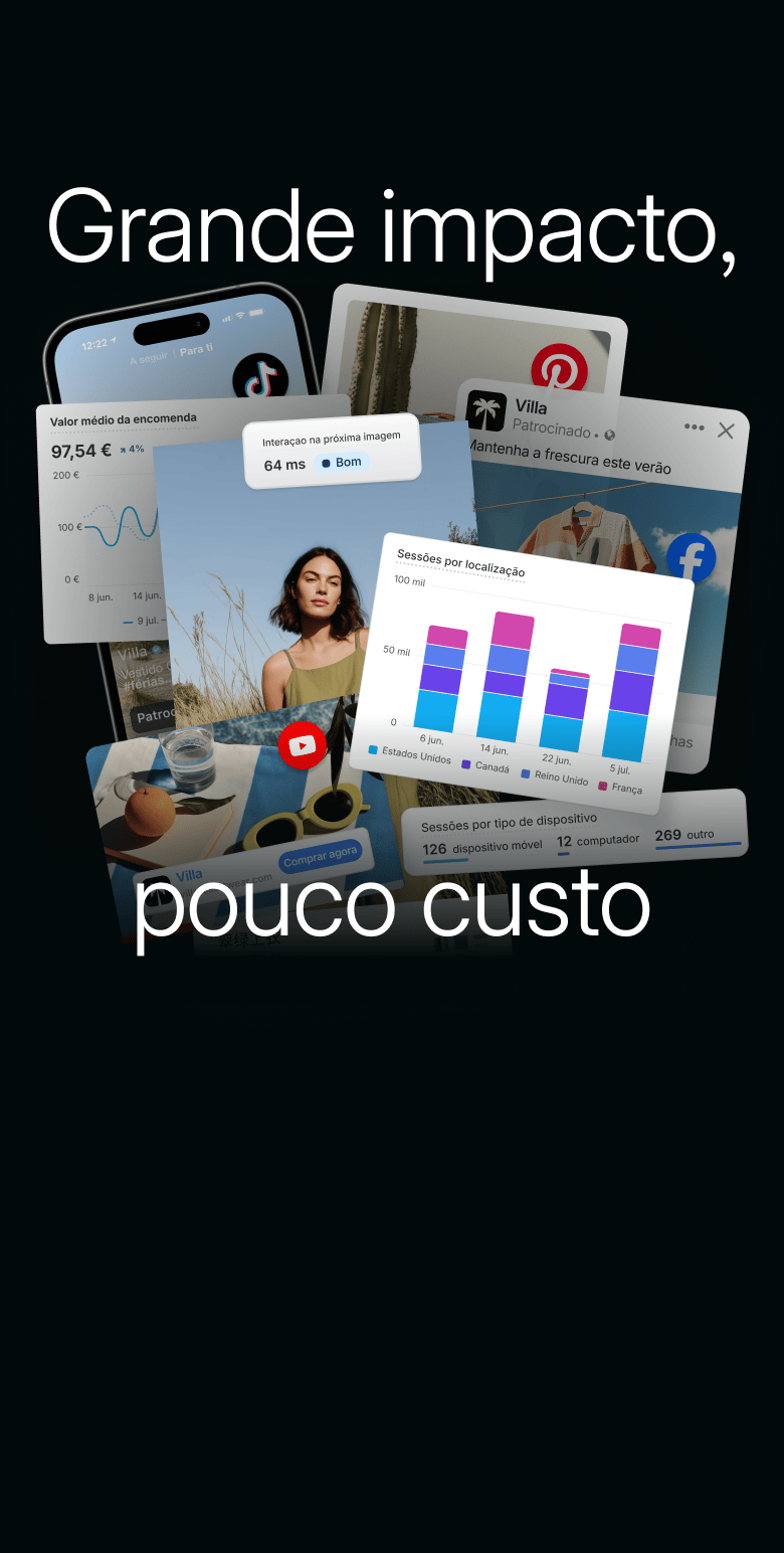 Animação de elementos essenciais da plataforma da Shopify — análise de dados de comerciantes, vendas, alcance de clientes e aumento das encomendas — que surgem e se empilham uns sobre os outros.